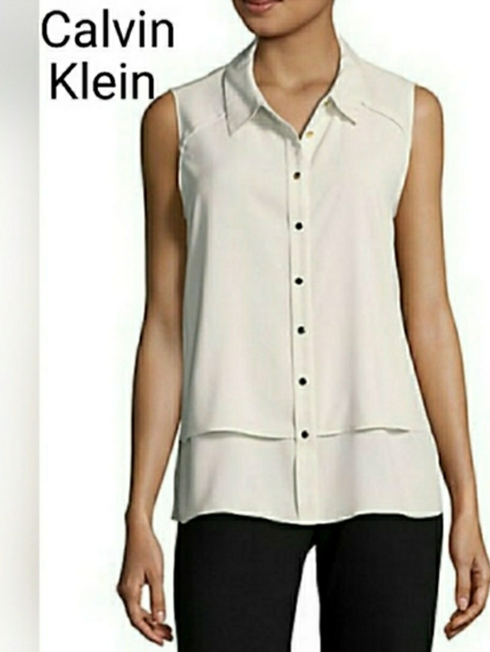 Calvin Klein Ivory Layered Sleeveless Button-Down Blouse Women’s